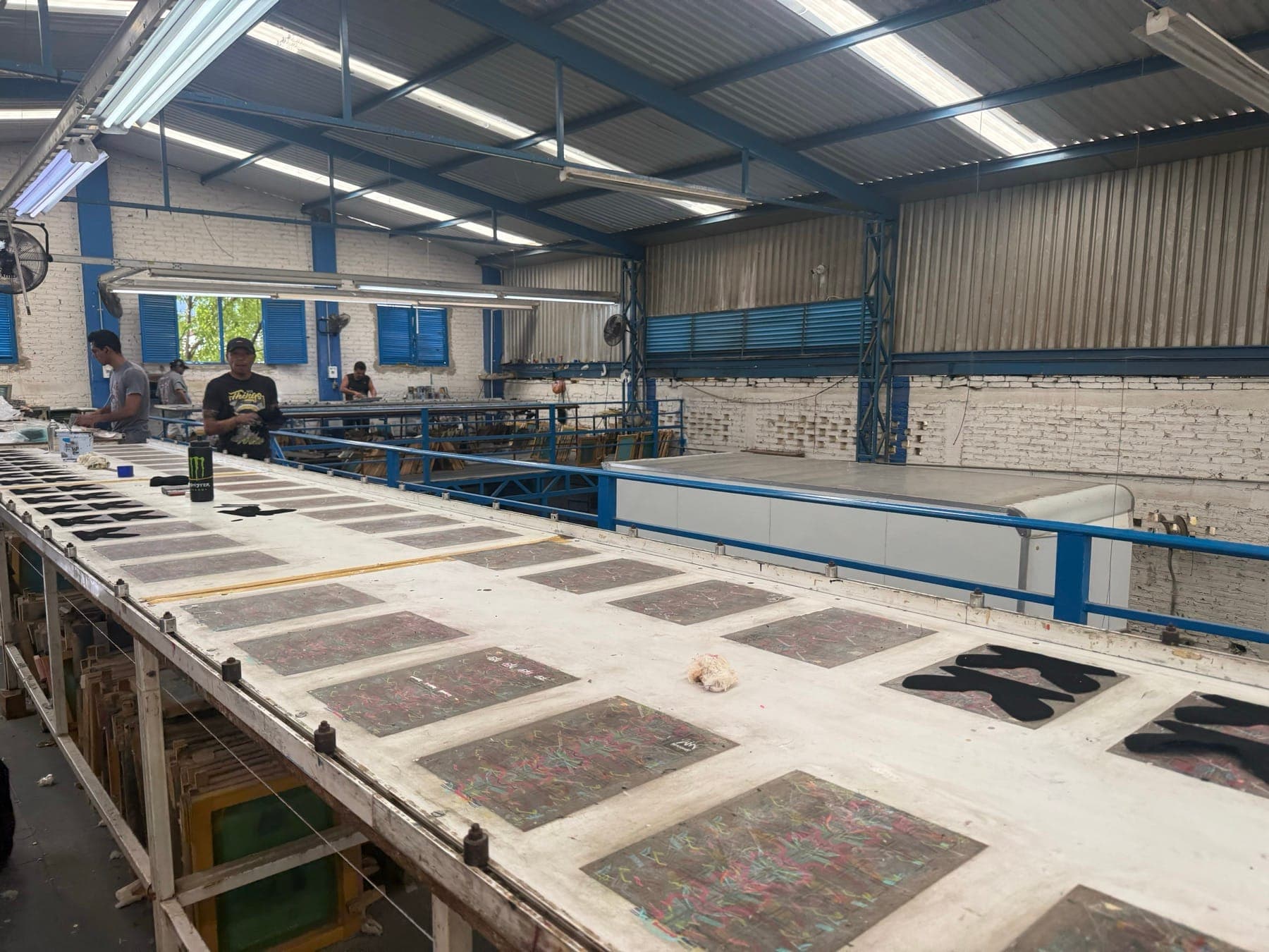 Screen-printing tables in a Mexican textile workshop