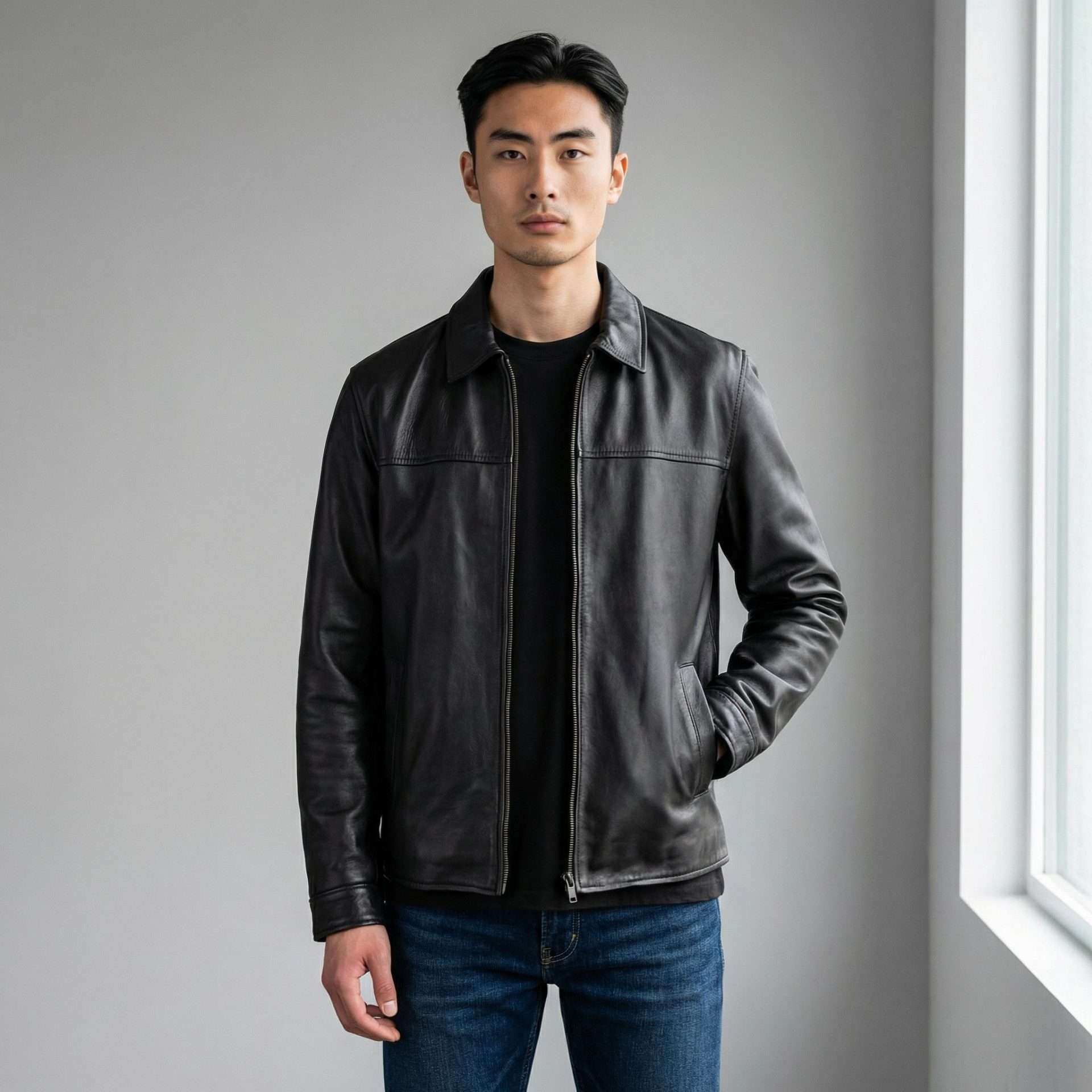 Chamarra de Piel de Borrego Color Negro para Caballero Modelo Oslo