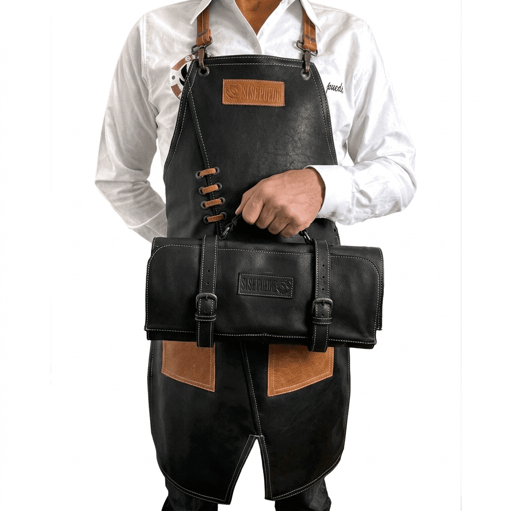Mandil Parrillero de Piel Color Negro con Estuche para Cuchillos