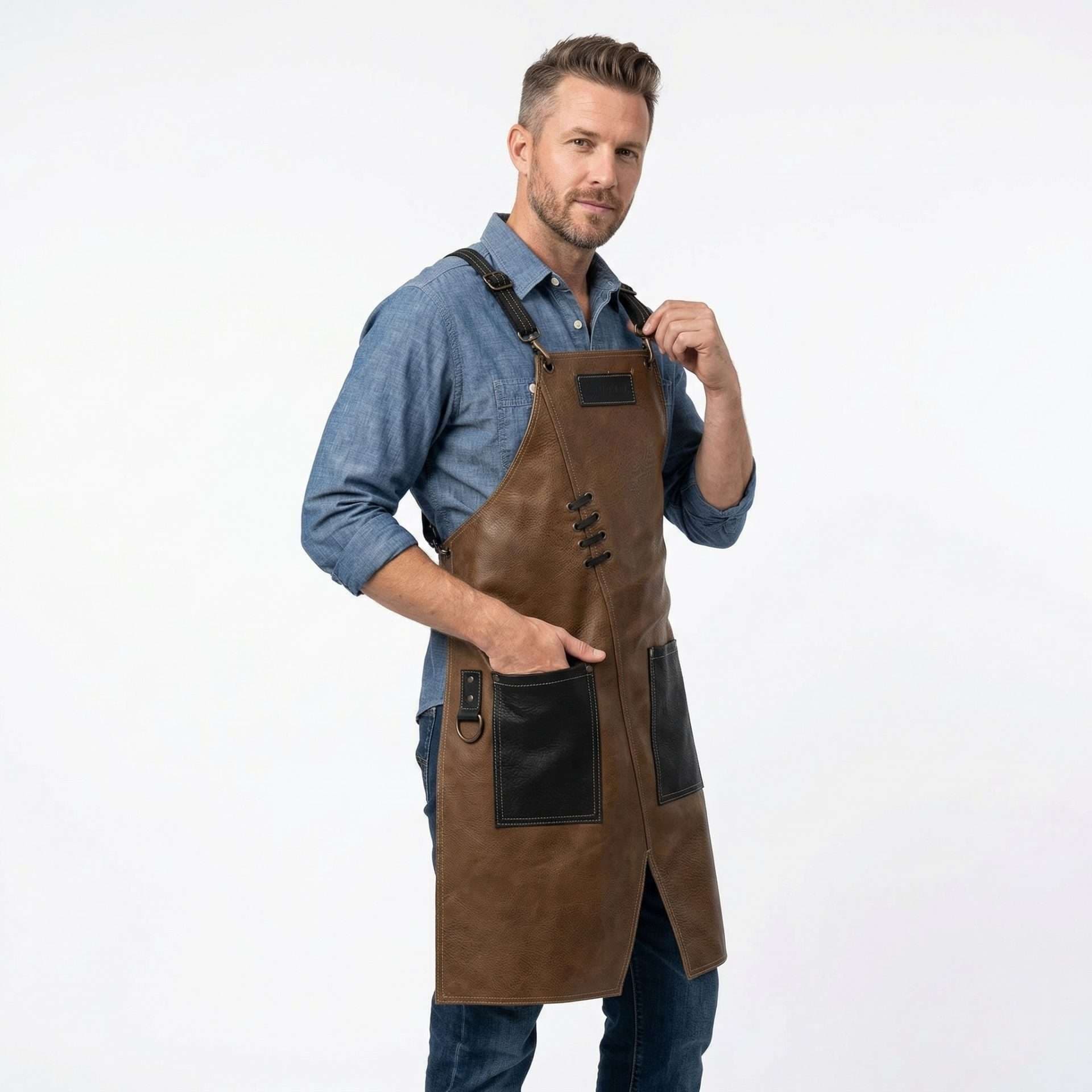 Mandil Parrillero de Piel Color Café y Negro Afgano