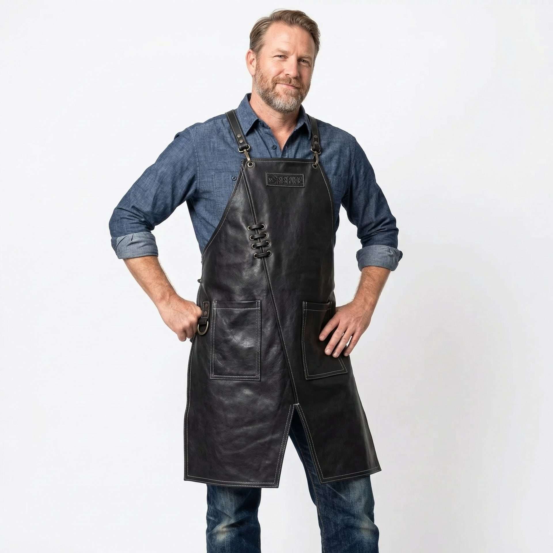 Mandil Parrillero de Piel Color Negro Chileno