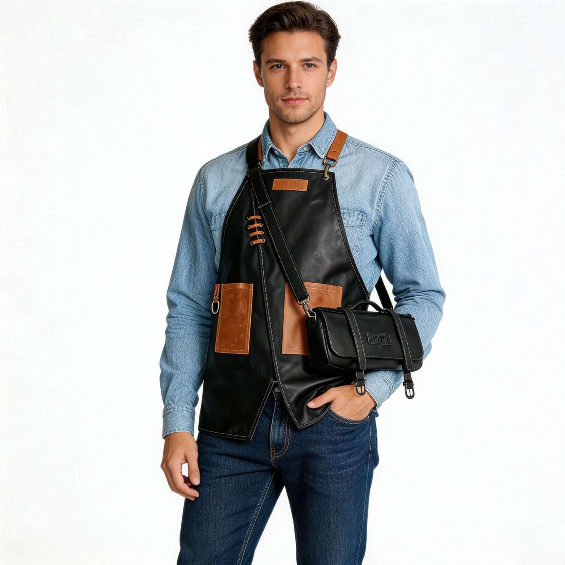 Mandil Parrillero de Piel Color Negro con Estuche para Cuchillos