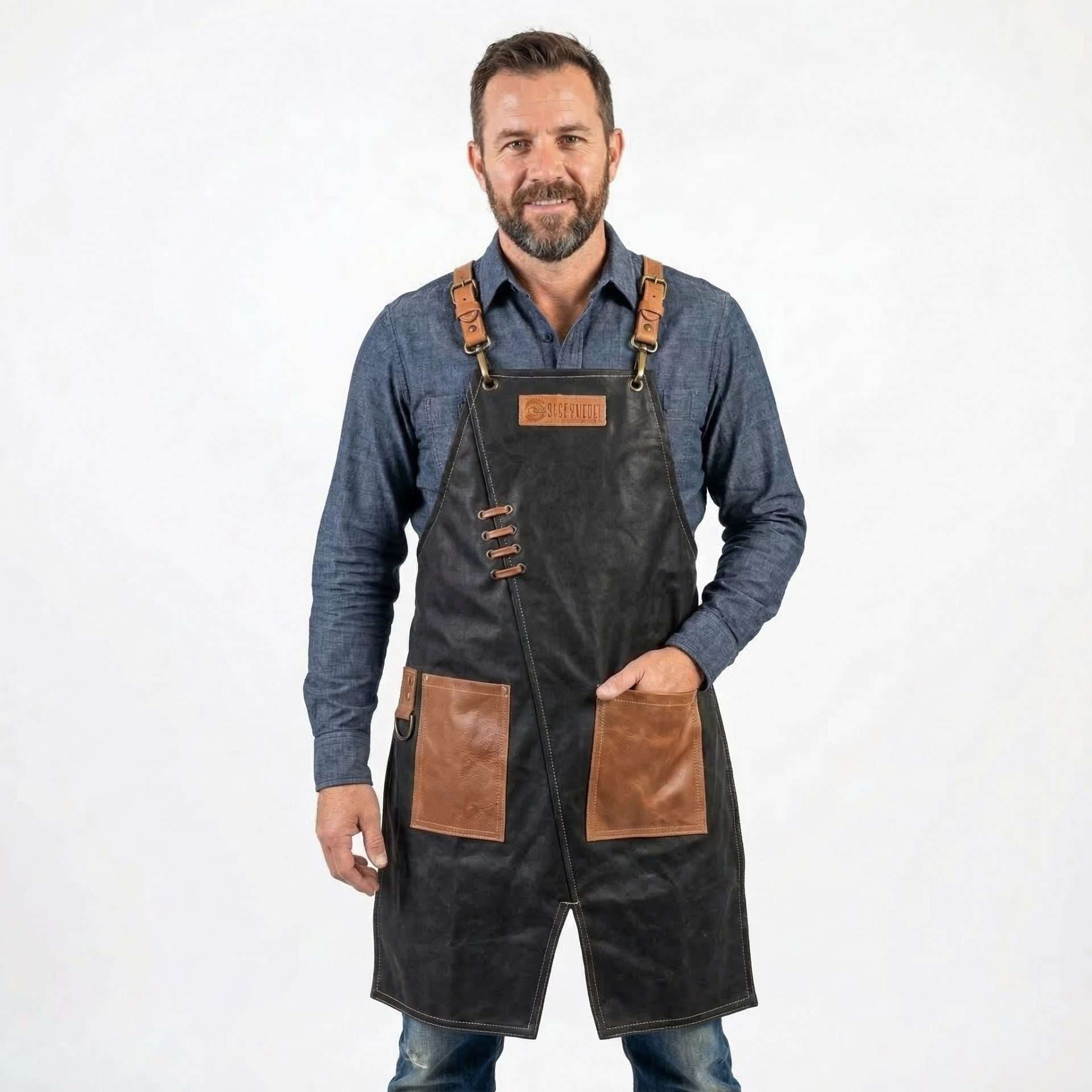 Mandil Parrillero de Piel Color Negro y Miel Chileno