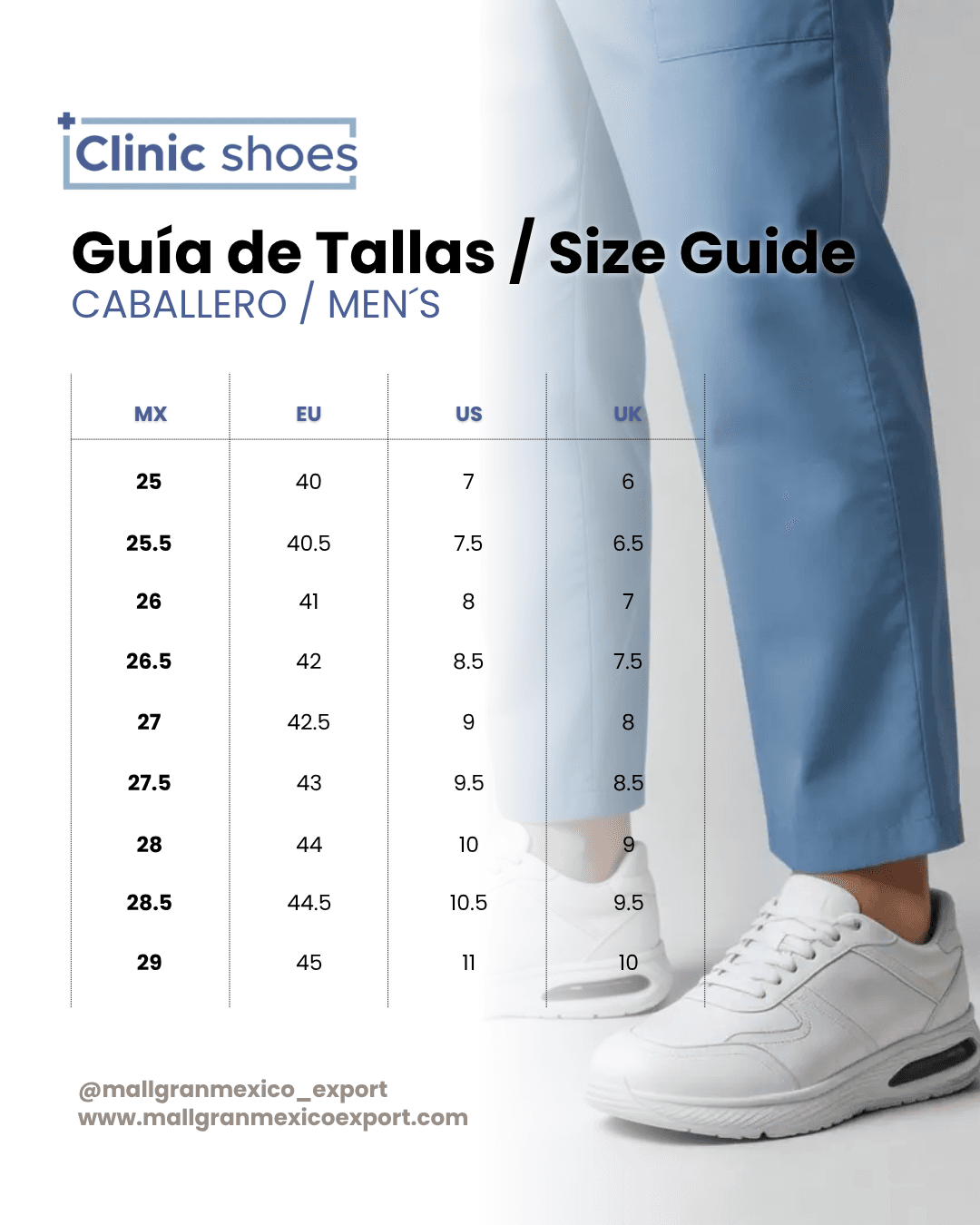GUÍA DE TALLAS CLINIC SHOES CABALLERO / SIZE GUIDE CLINIC SHOES MEN´S