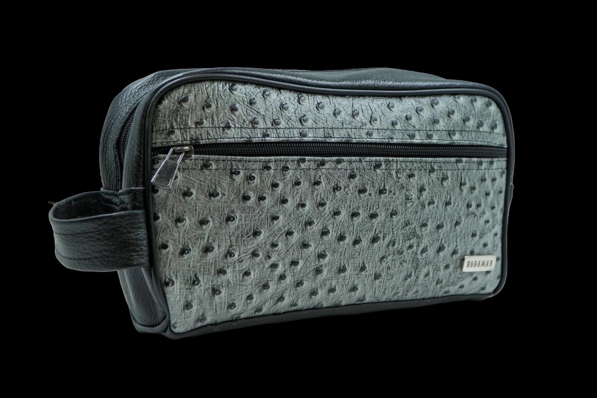 Men's Pebble Grain Leather Toiletry Bag with Ostrich Leg Print