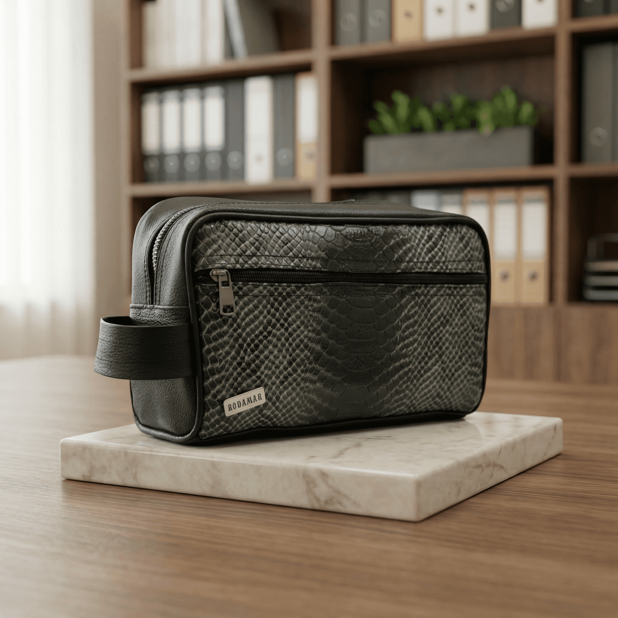 Men's Pebbled Leather Python-Embossed Toiletry Bag