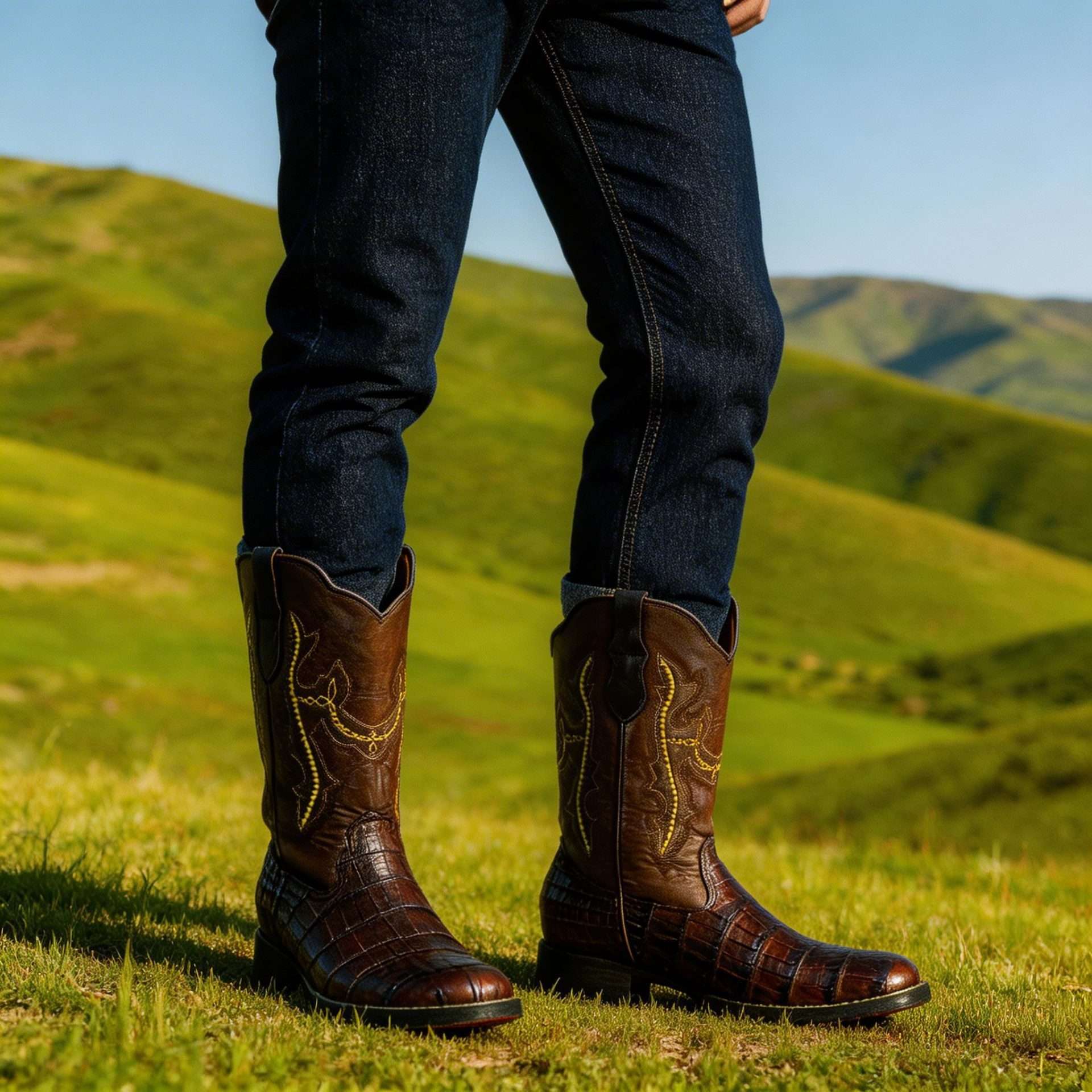 Bota Vaquera Piel Genuina Cocodrilo Lisa Café